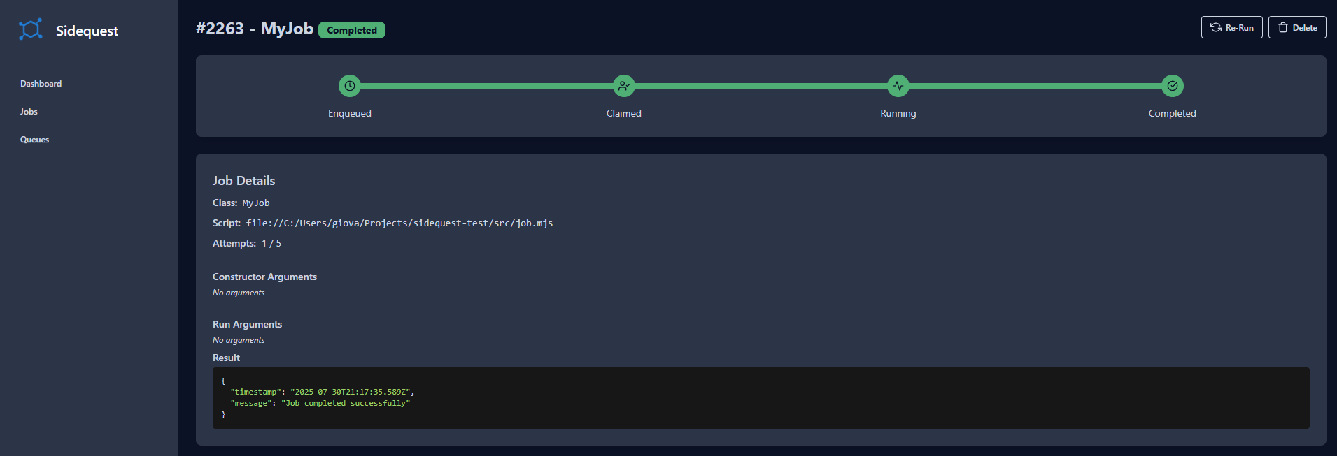 Sidequest dashboard detailed job view
